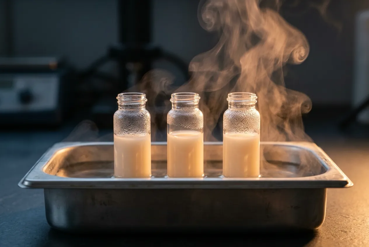 Three small glass vials of milky bacterial culture warming in a steaming steel water bath, the gentle heat that pasteurizes Akkermansia muciniphila.