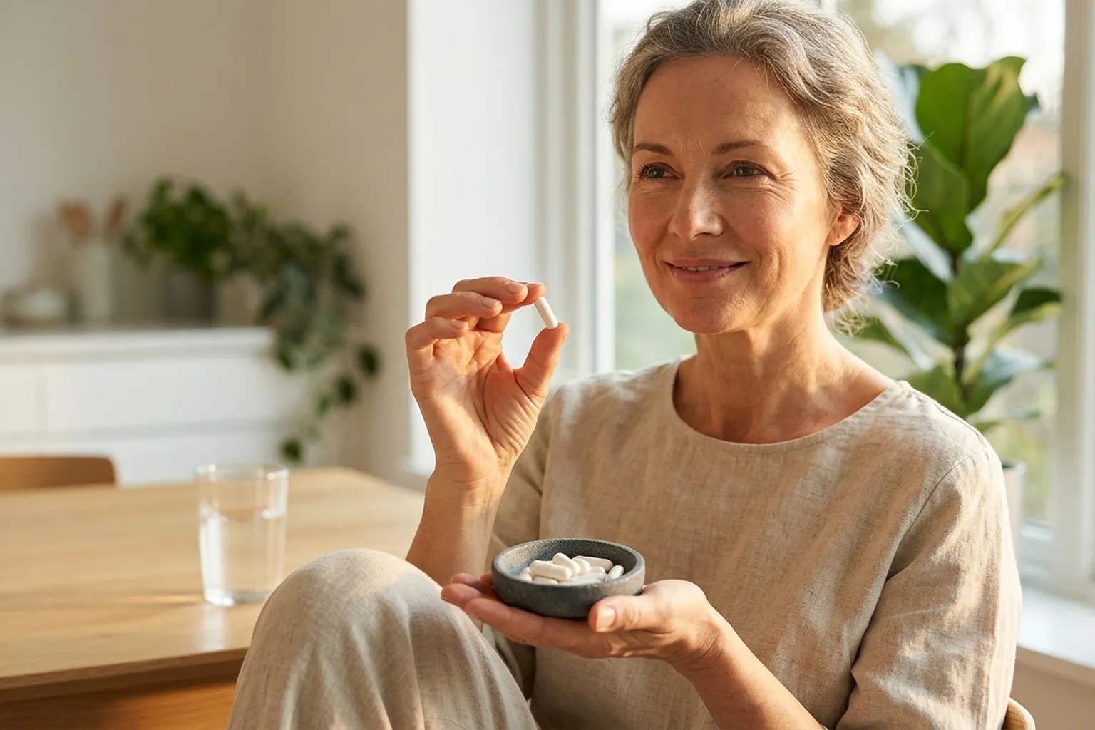 A smiling woman in her fifties holding a white calcium alpha-ketoglutarate capsule, with a small dish of capsules and a glass of water, in a bright sunlit kitchen