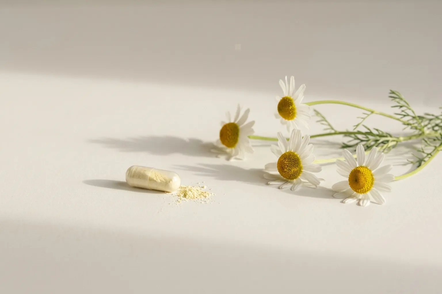 A single pale capsule and a small spill of yellow powder on an off-white surface, set apart from a loose sprig of fresh chamomile flowers in soft daylight