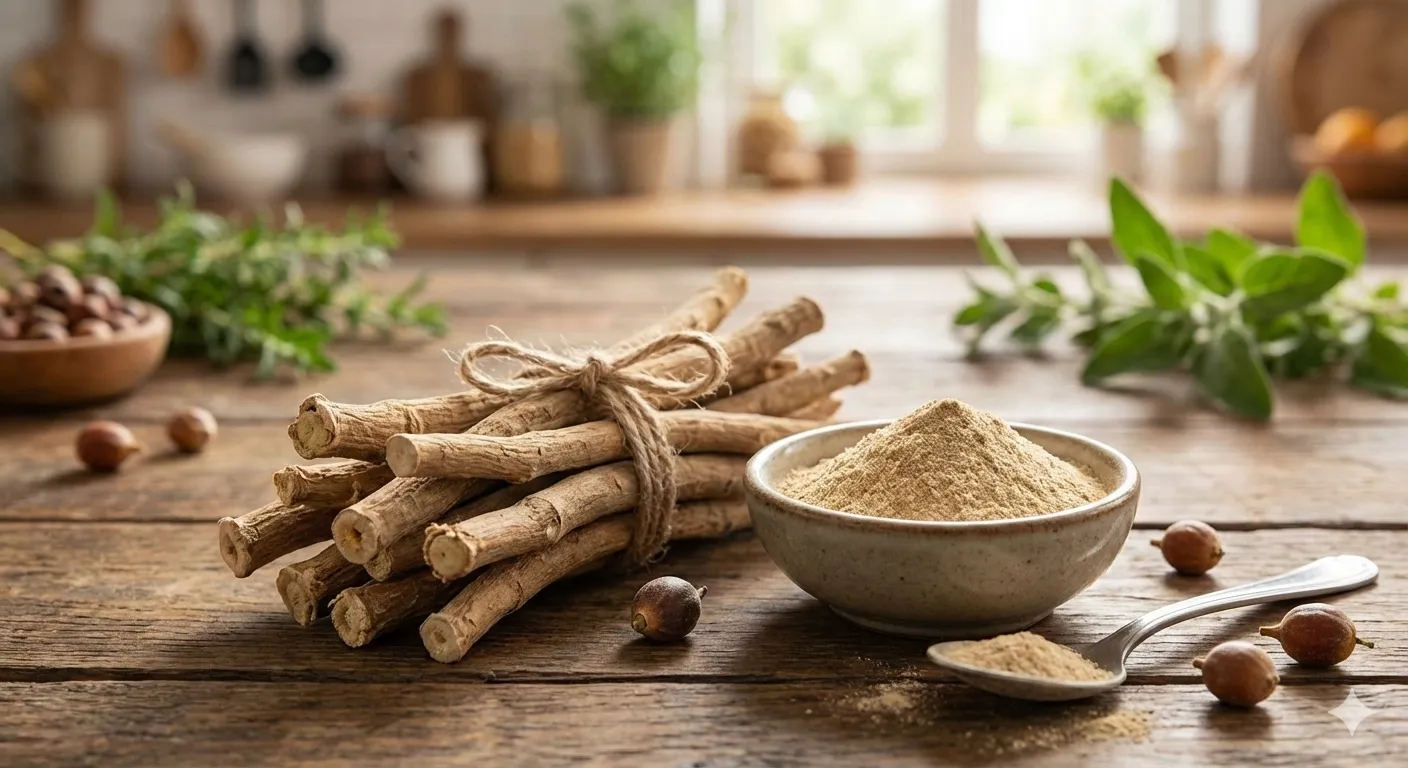 Ashwagandha root sticks and powder in a bowl on a wooden table