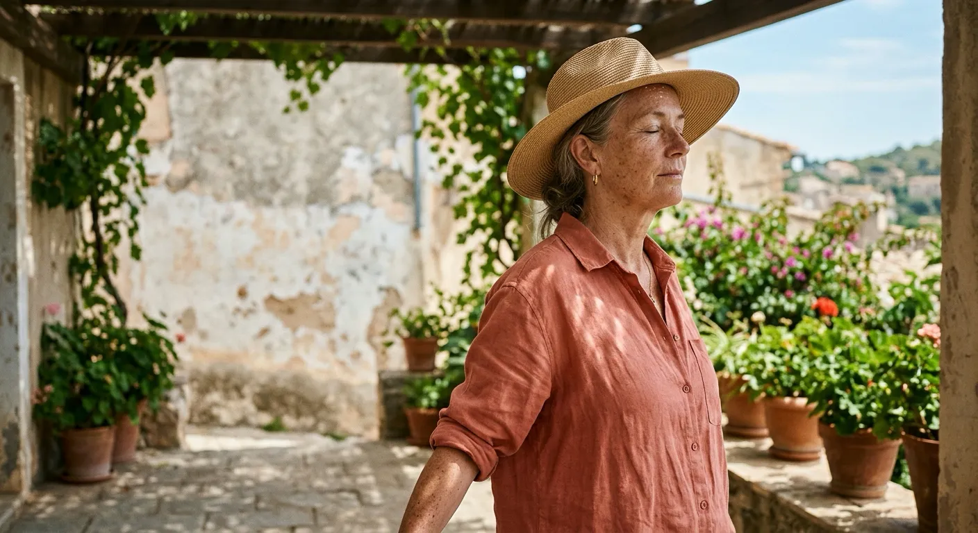A woman in a straw hat and a coral linen shirt stands with her eyes closed on a shaded terrace lined with potted plants.
