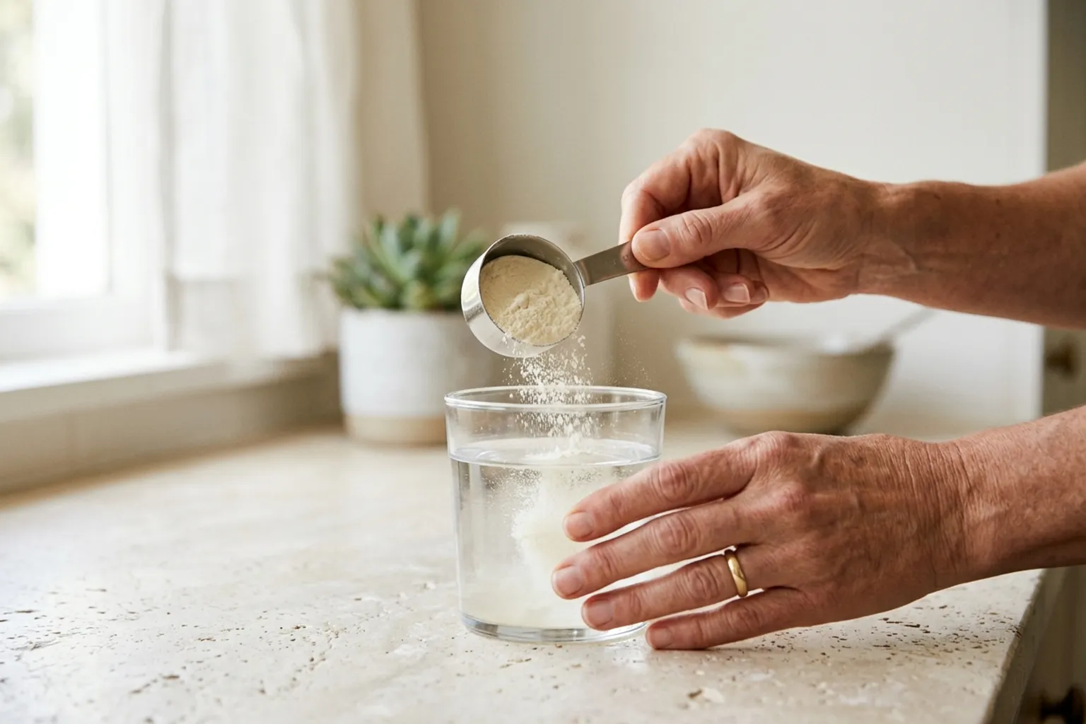 A pair of older hands tipping a small steel measuring scoop of pale cream colored powder into a glass of water on a speckled stone counter, with a potted succulent out of focus behind