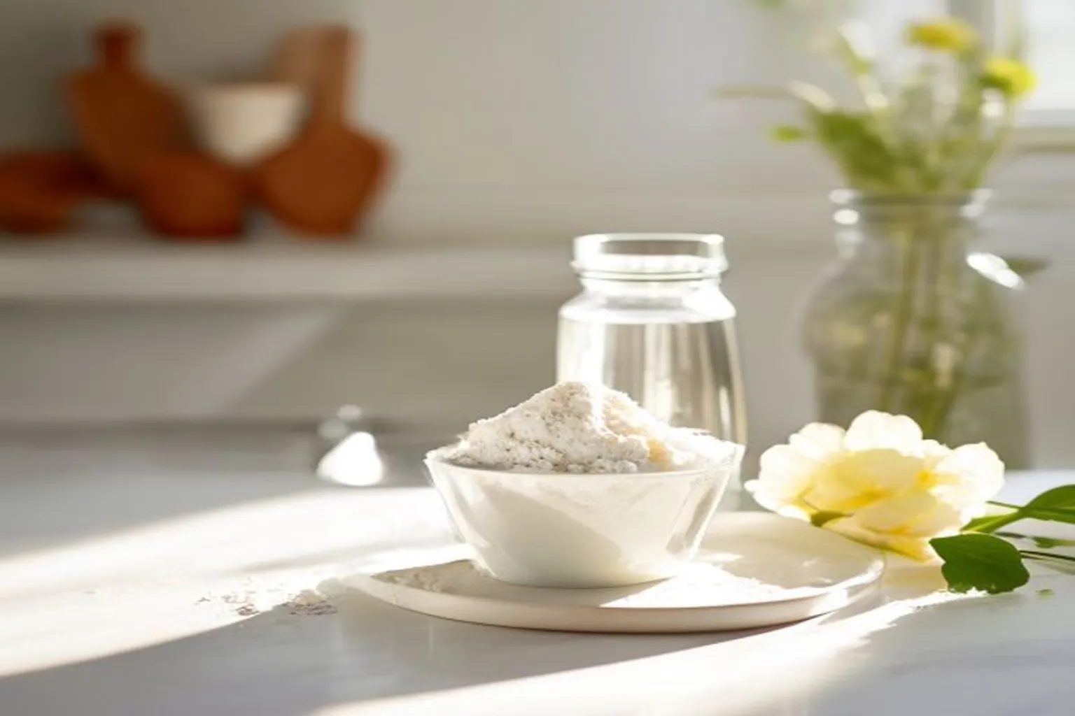 A scoop of white creatine monohydrate powder beside a frosted glass shaker of water on a bright kitchen counter in soft morning light