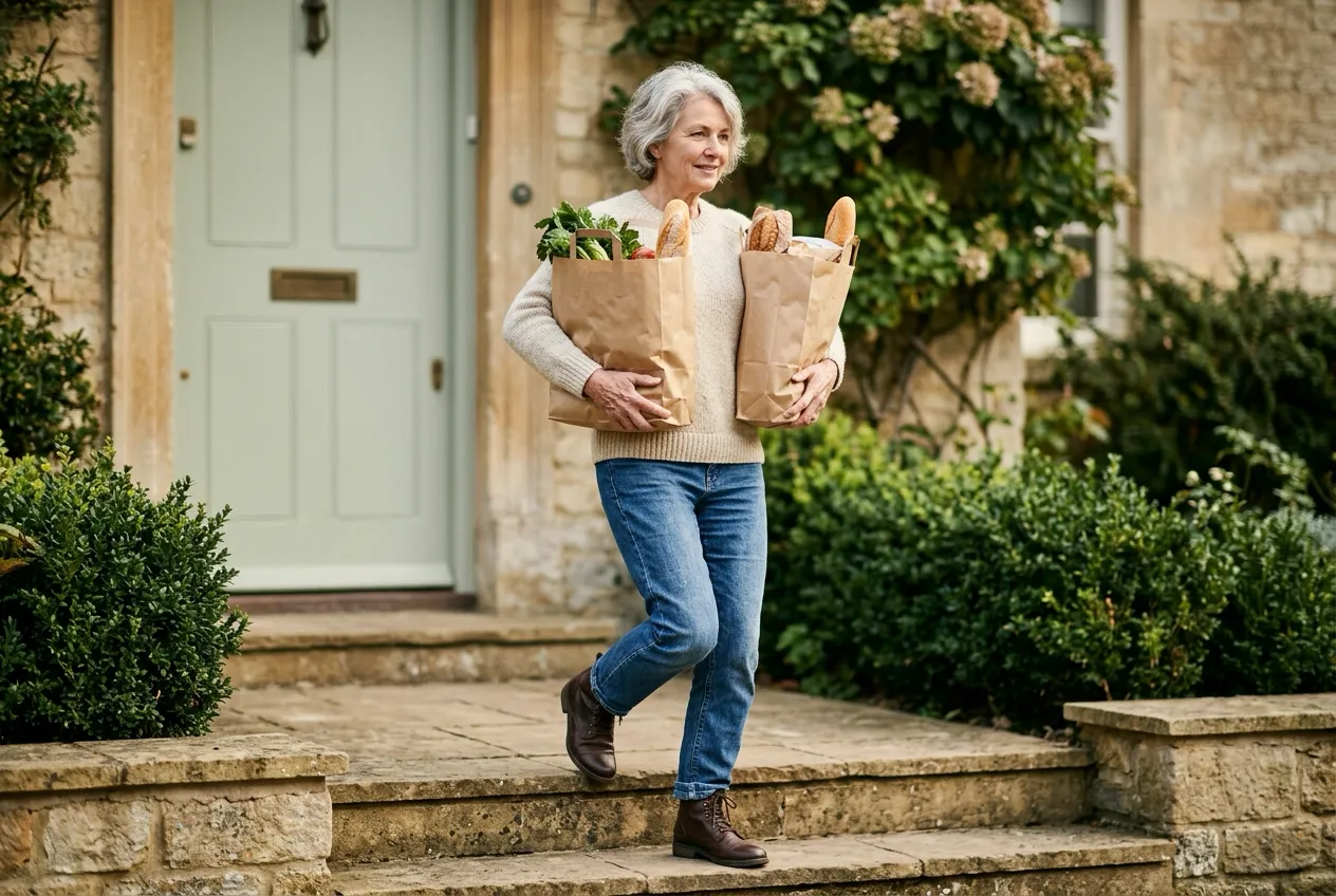 A smiling woman with silver hair in a cream sweater and jeans stepping down stone steps from a pale green front door, carrying a paper grocery bag of bread and greens in each arm