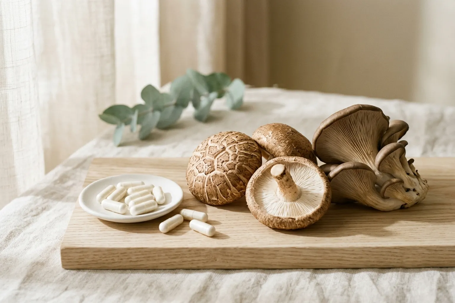 A cluster of fresh oyster and shiitake mushrooms on a light wooden board next to a small dish of white ergothioneine capsules in soft natural light