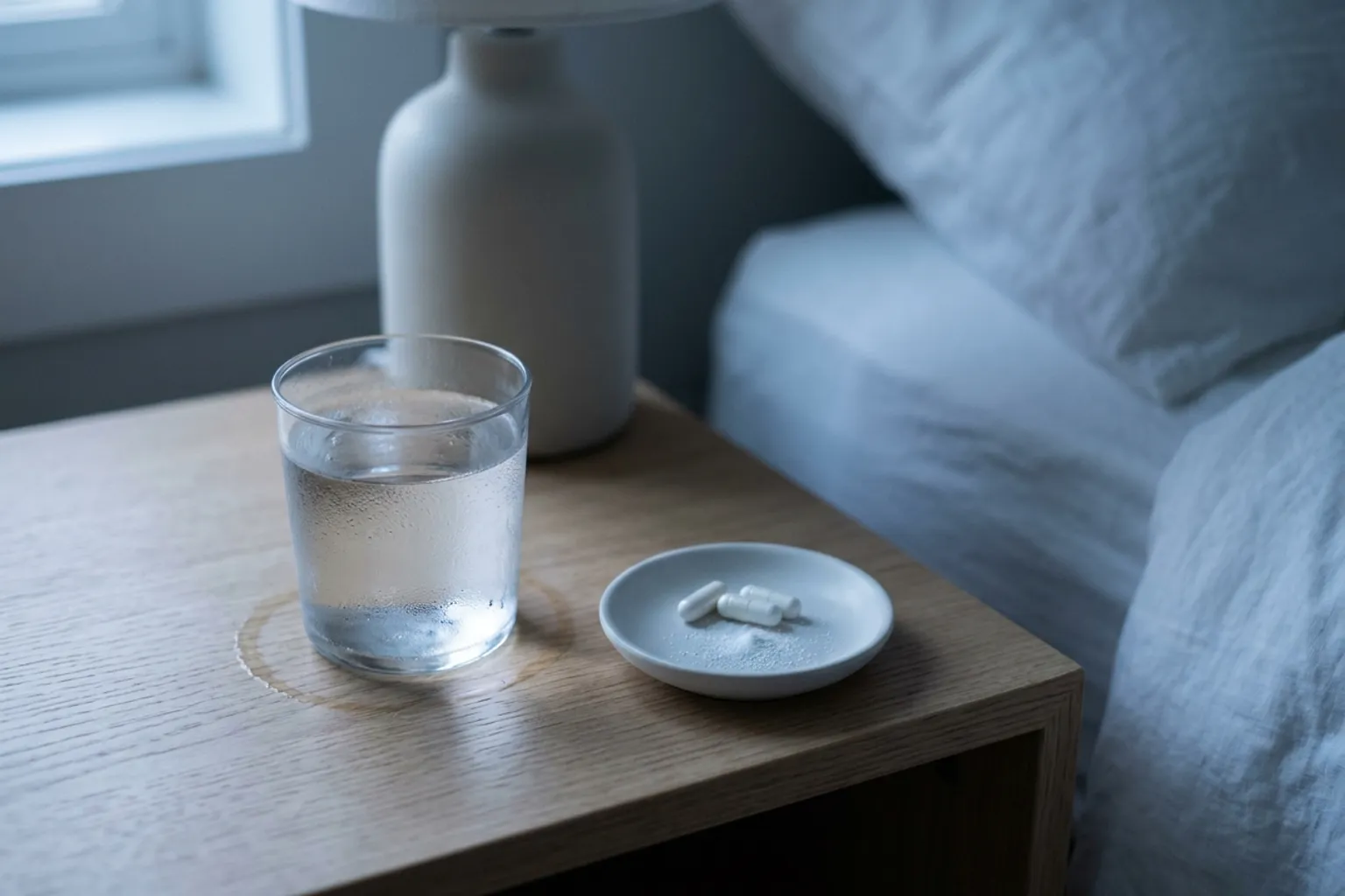 A bedside table in cool early light holding a cold glass of water and a small dish with three white capsules, beside crumpled white linen bedding