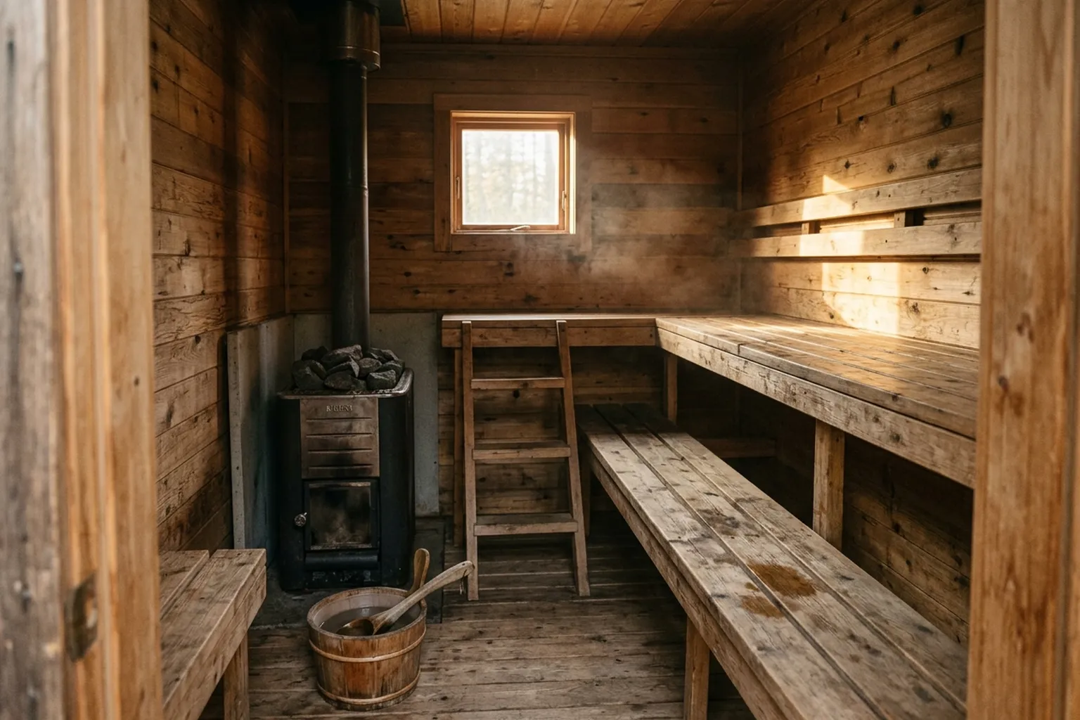 The inside of a small plain wooden sauna, with a stove topped by dark stones, worn bench tiers and a wooden bucket and ladle on the floor, lit by a low shaft of sun through one small window