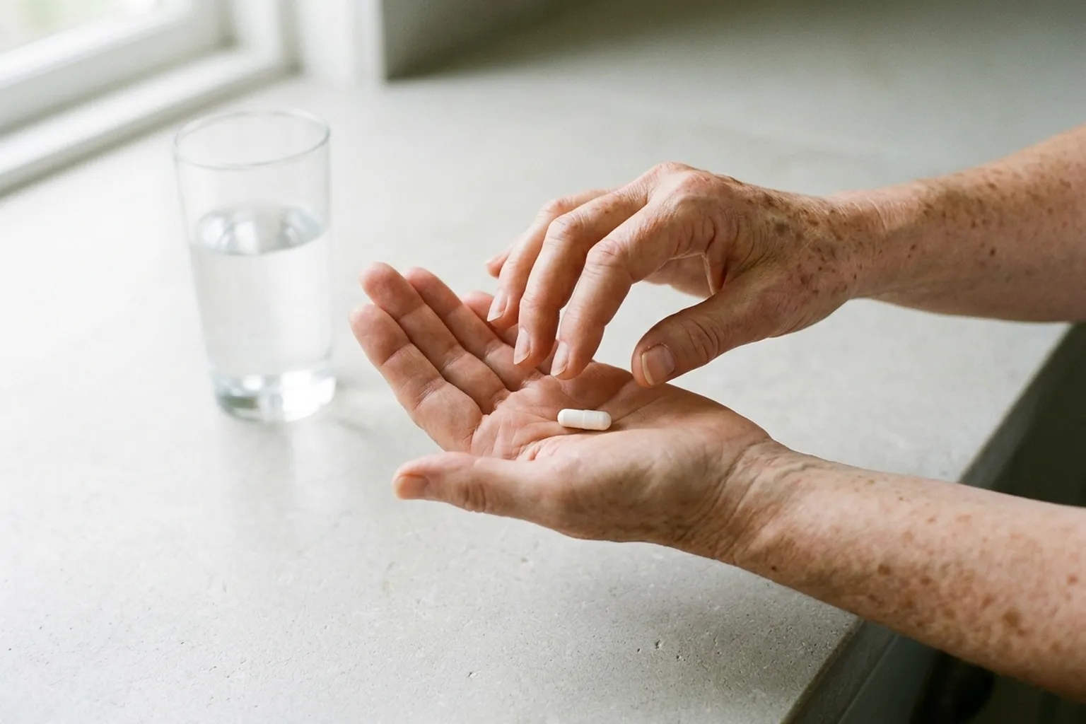 An older person's open palm holding a single plain white capsule, their other hand hovering just above it, a glass of water on a pale kitchen counter behind, no face in frame