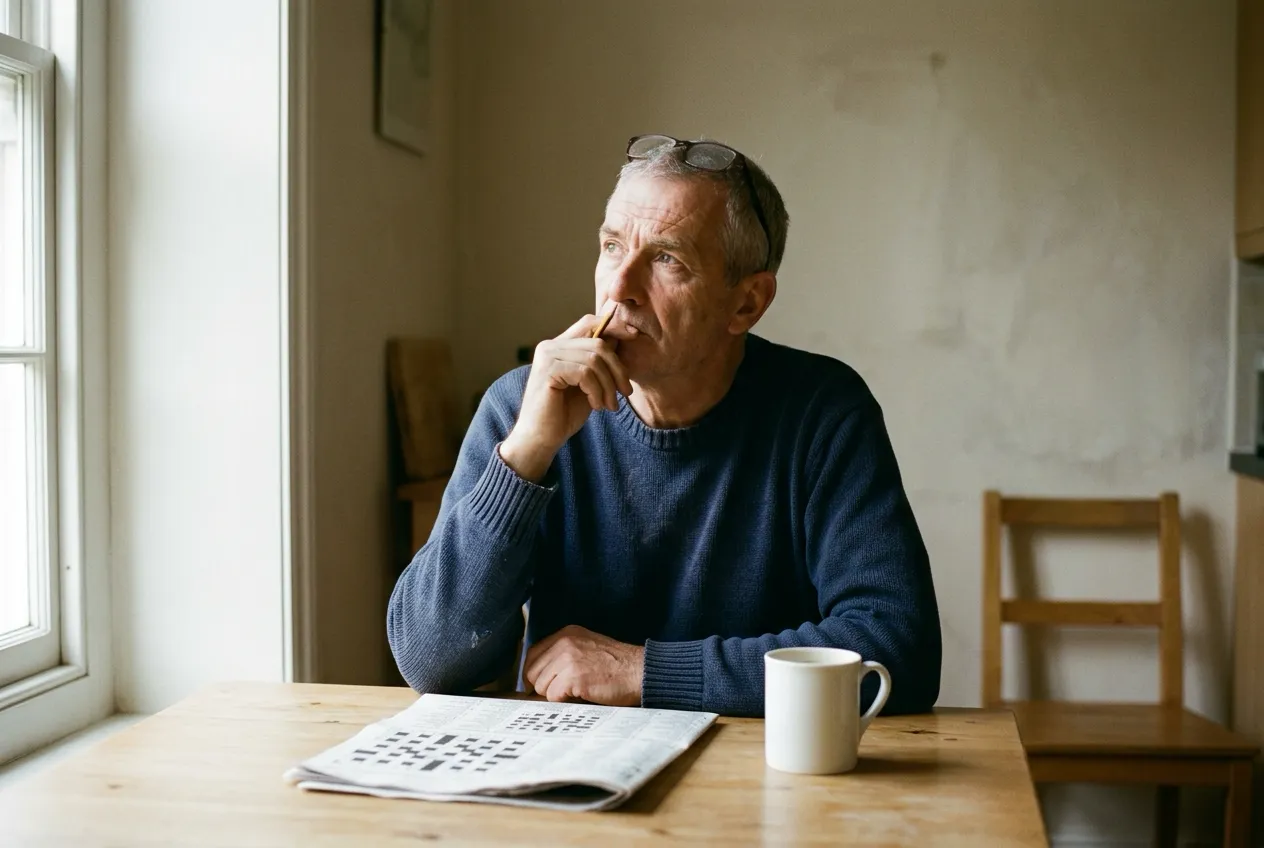 A grey haired man in a navy sweater sits at a wooden kitchen table with a folded newspaper crossword and a white mug, pencil to his lips, looking toward the window