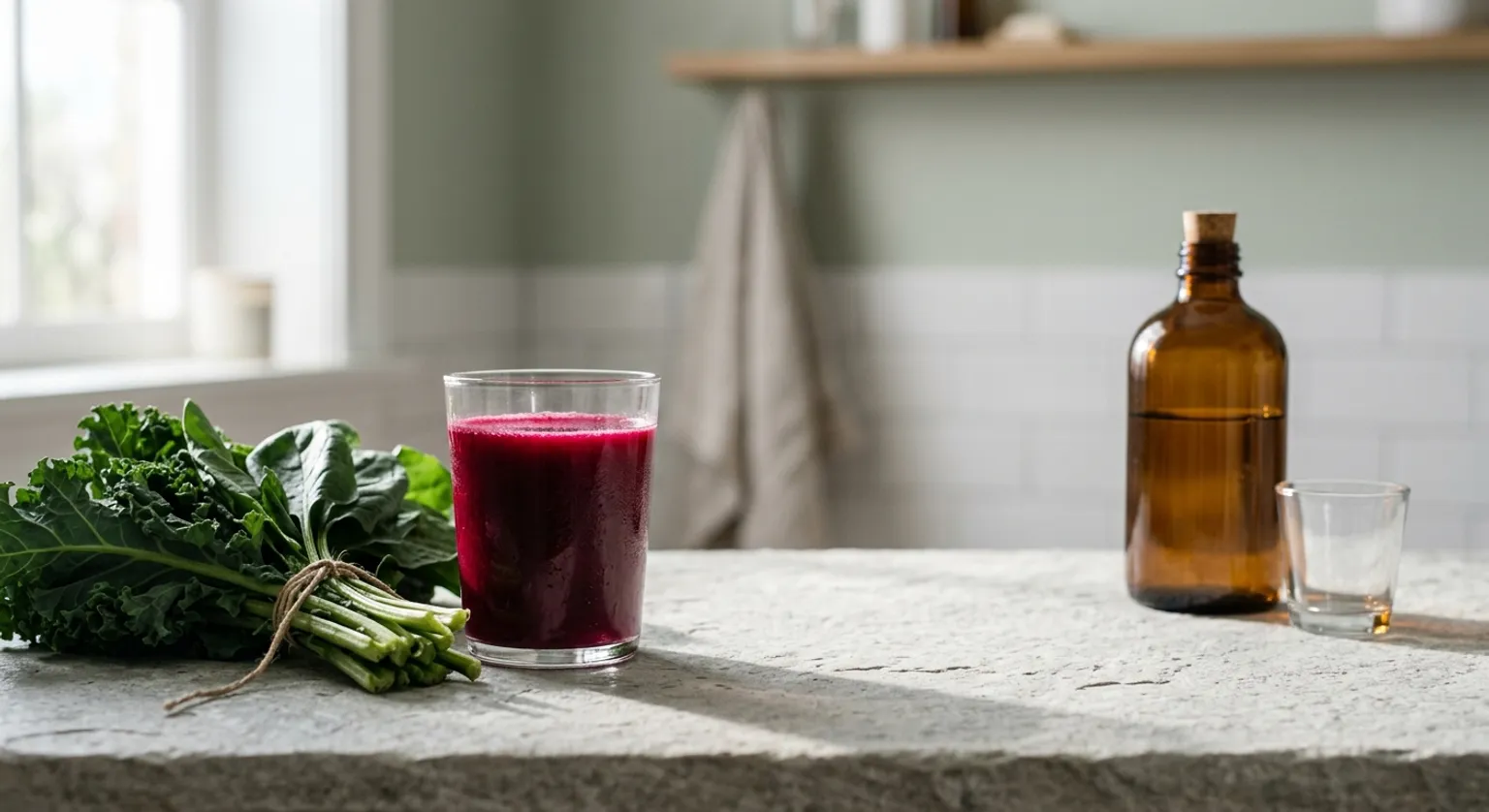A glass of deep red beetroot juice beside a bundle of fresh kale on one end of a pale stone bathroom counter, with a plain amber bottle of mouthwash and a small rinse cup at the other end