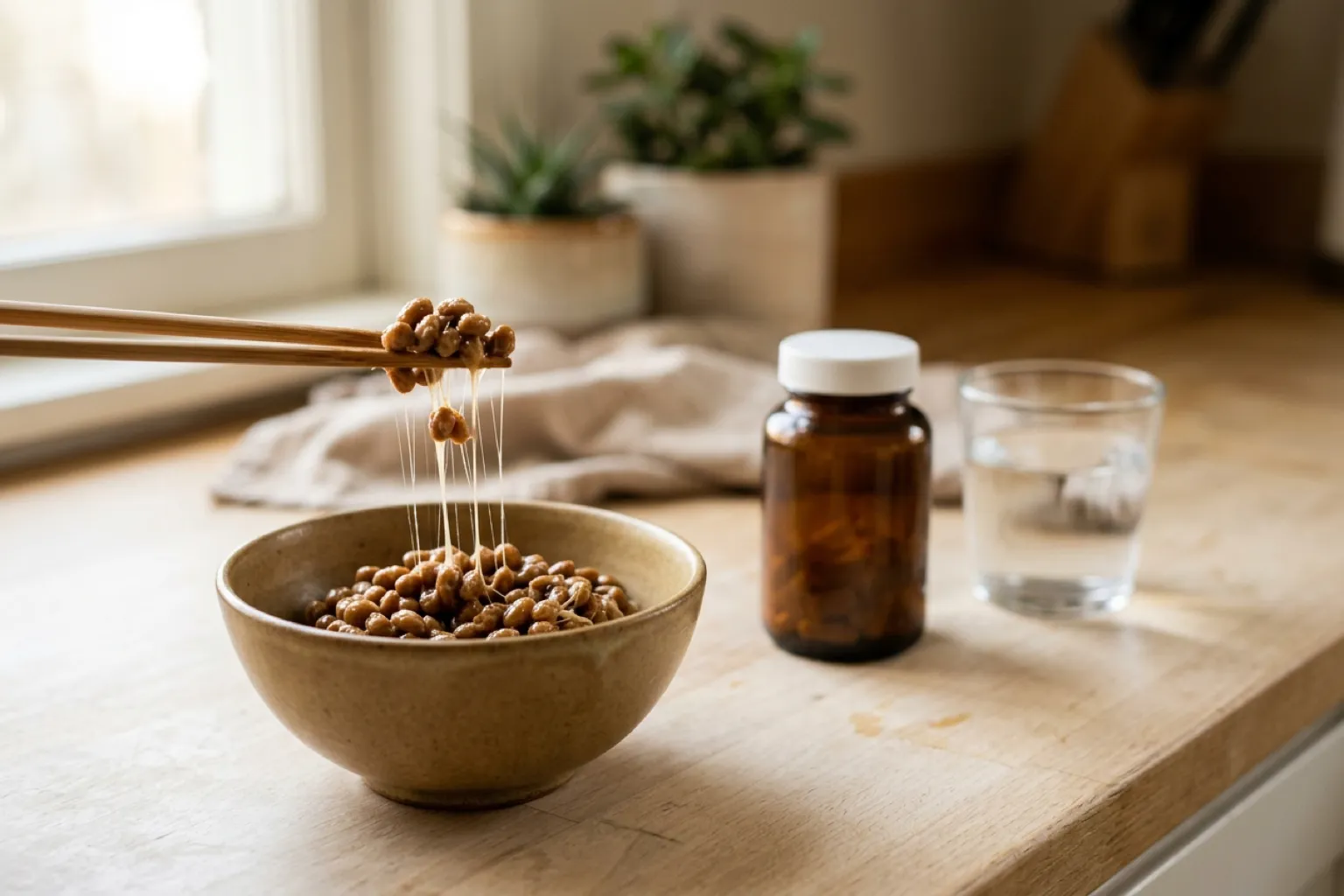 Chopsticks lifting natto beans with sticky strands from a ceramic bowl, a plain amber bottle and a glass of water beside it on a wooden kitchen counter in soft window light