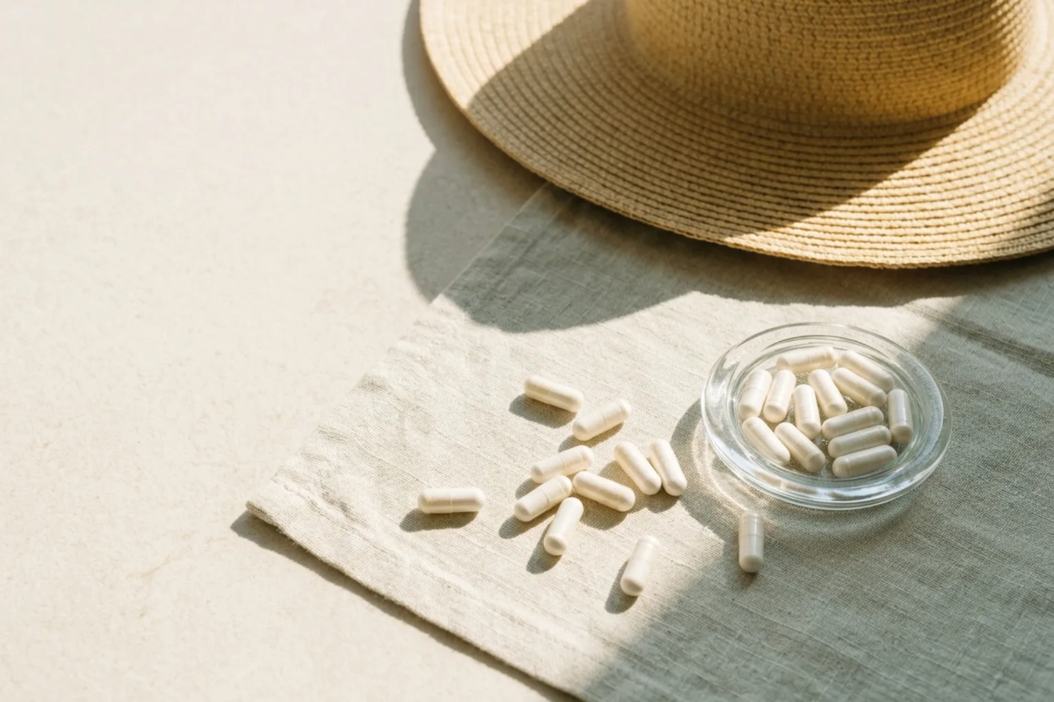 White capsules scattered on pale linen beside a small glass dish, half in bright sunlight and half in the shadow cast by a wide brim straw sun hat
