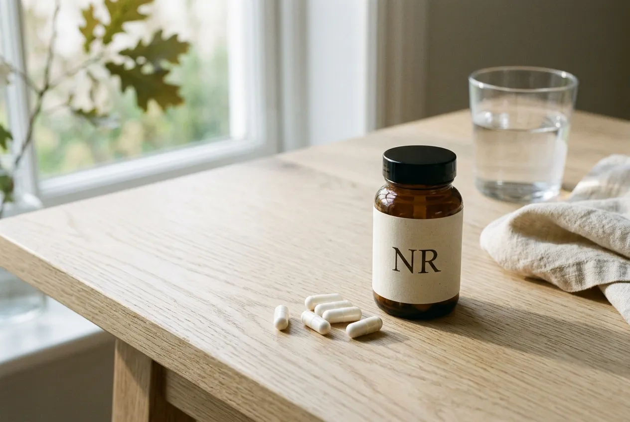 White nicotinamide riboside capsules beside an amber supplement bottle on a clean light surface in soft daylight