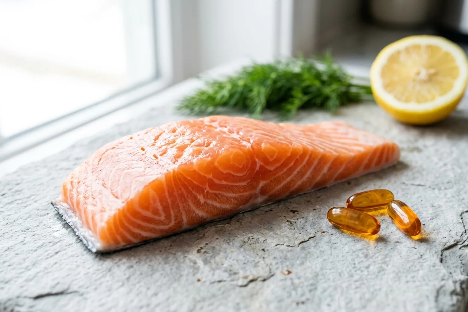 A fresh salmon fillet on a pale stone board beside amber fish oil softgels, fresh dill and a halved lemon in soft window light