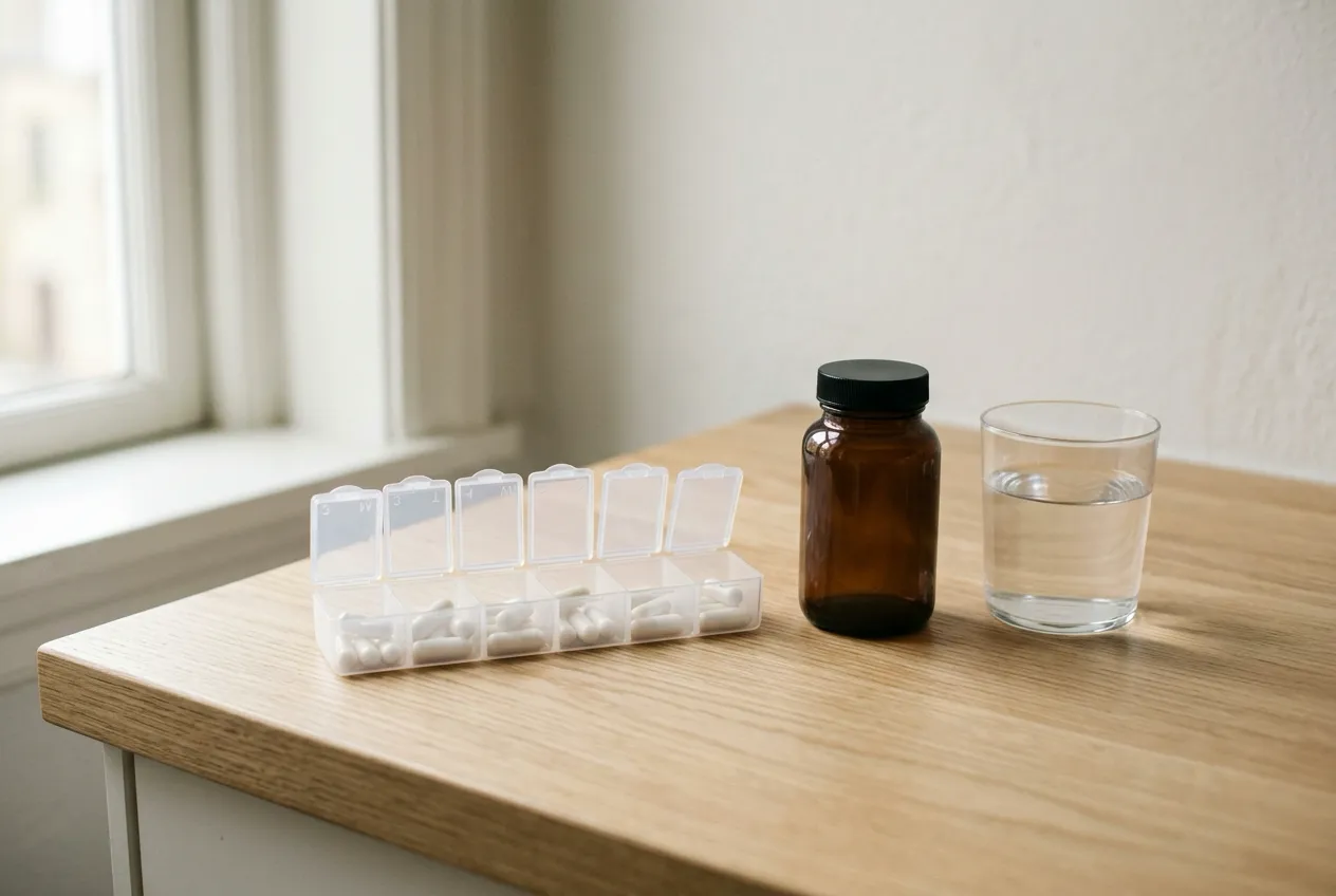 An open pill organizer filled with white capsules, a plain amber bottle and a glass of water on a wooden counter by a window