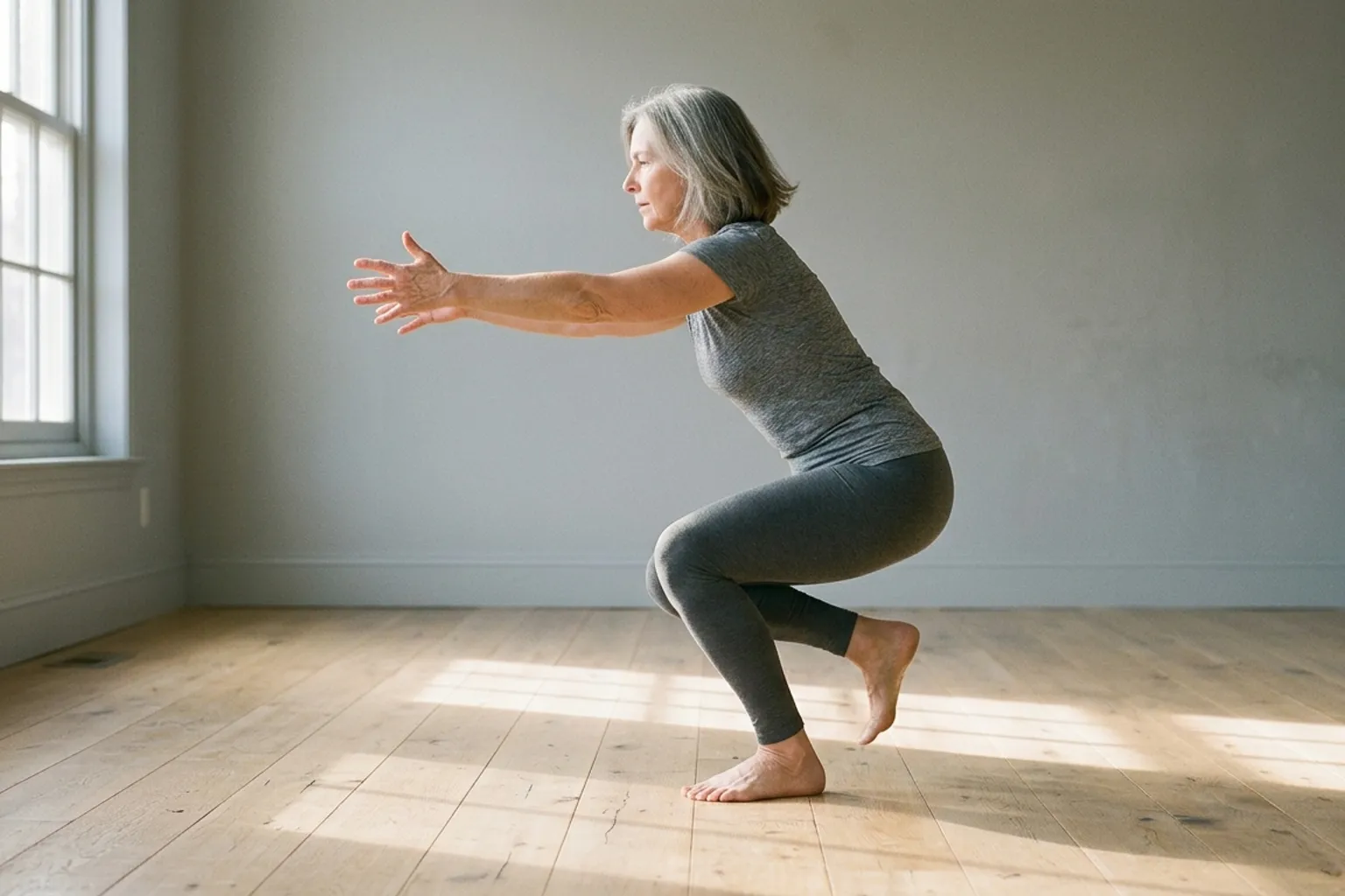 A barefoot woman in her sixties rising from the floor in a bright empty room, knees bent and both arms extended forward for balance, with only her feet touching the boards