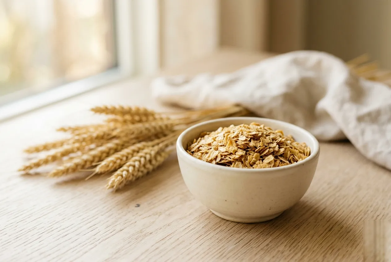 Golden wheat germ flakes in a small ceramic bowl beside wheat stalks on a clean light surface in soft natural light