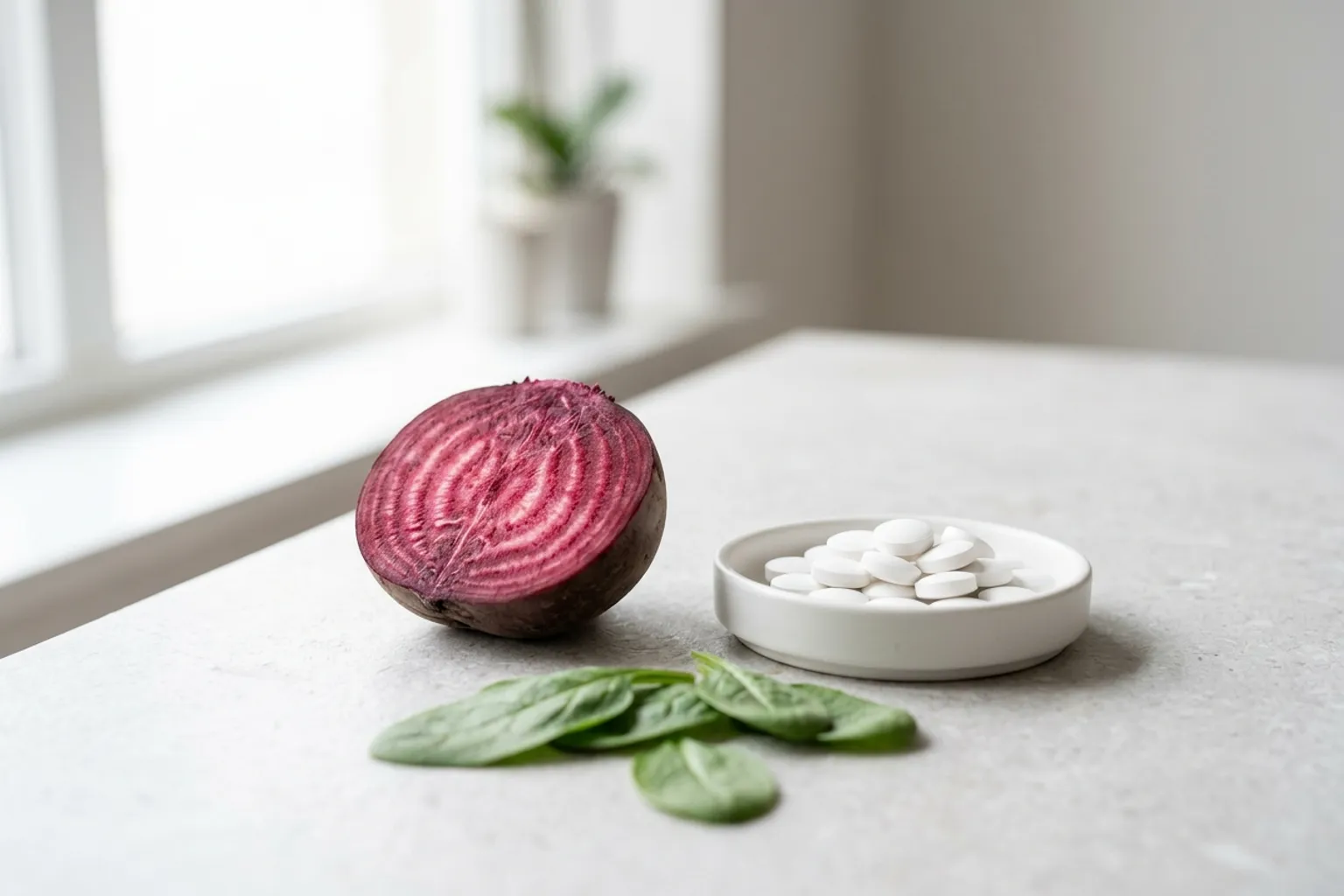 A halved beetroot showing its pale concentric rings on a pale stone counter beside a small white dish of plain white tablets, with a few spinach leaves in front