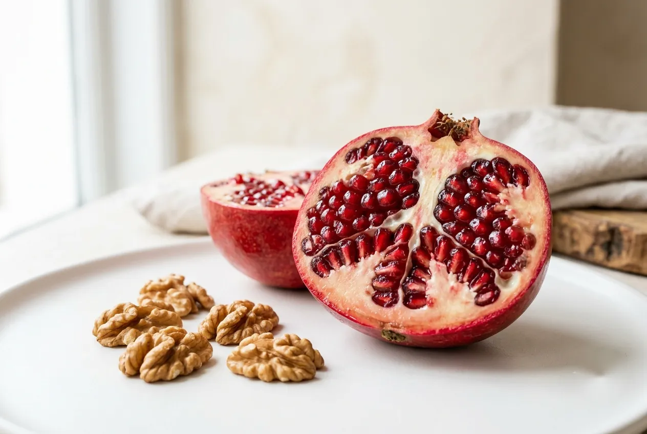 Halved pomegranate and shelled walnuts on a clean light surface in soft natural light, source foods for urolithin A