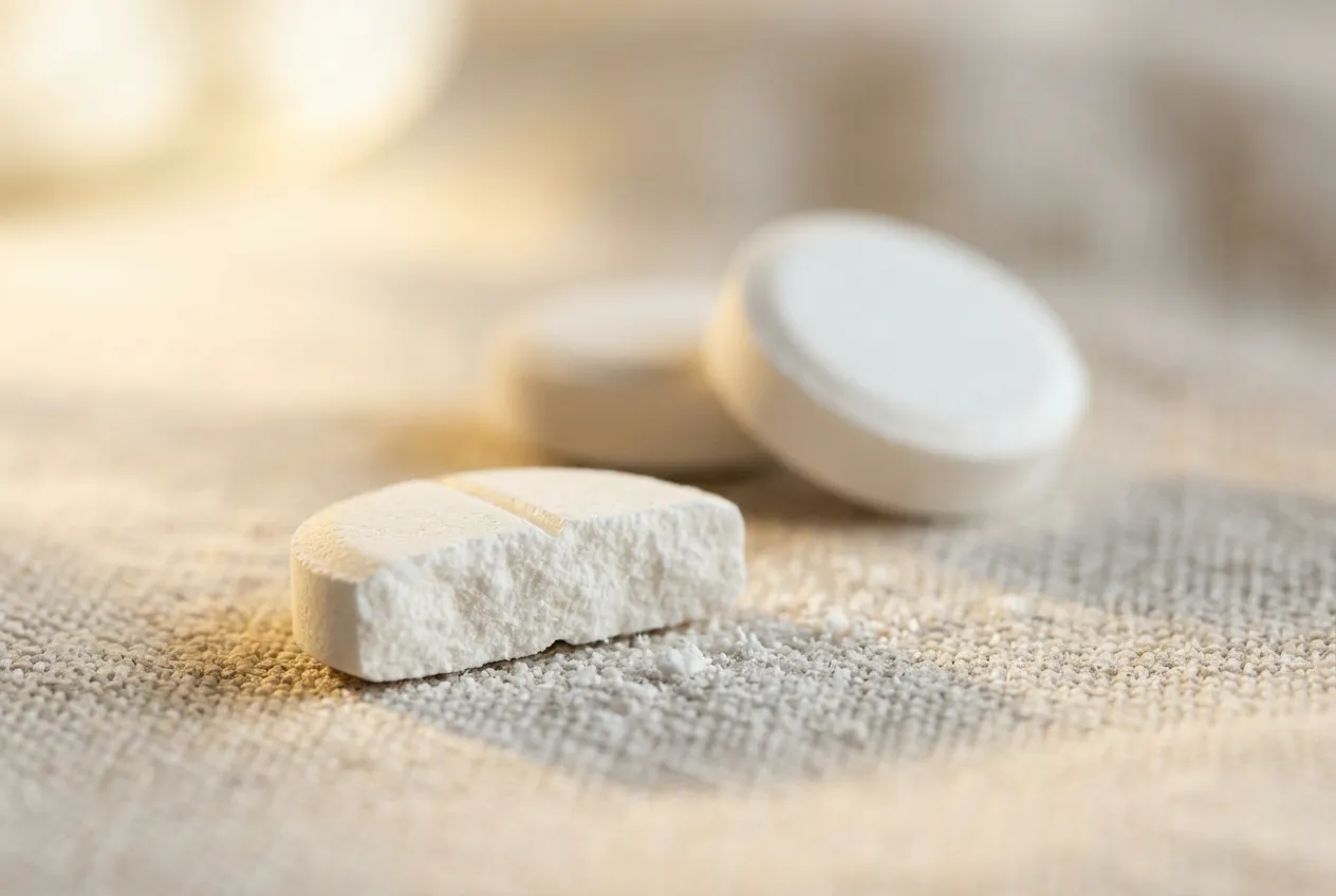 A white tablet snapped in half beside two whole tablets on a pale linen cloth, with a few crumbs of powder in warm light