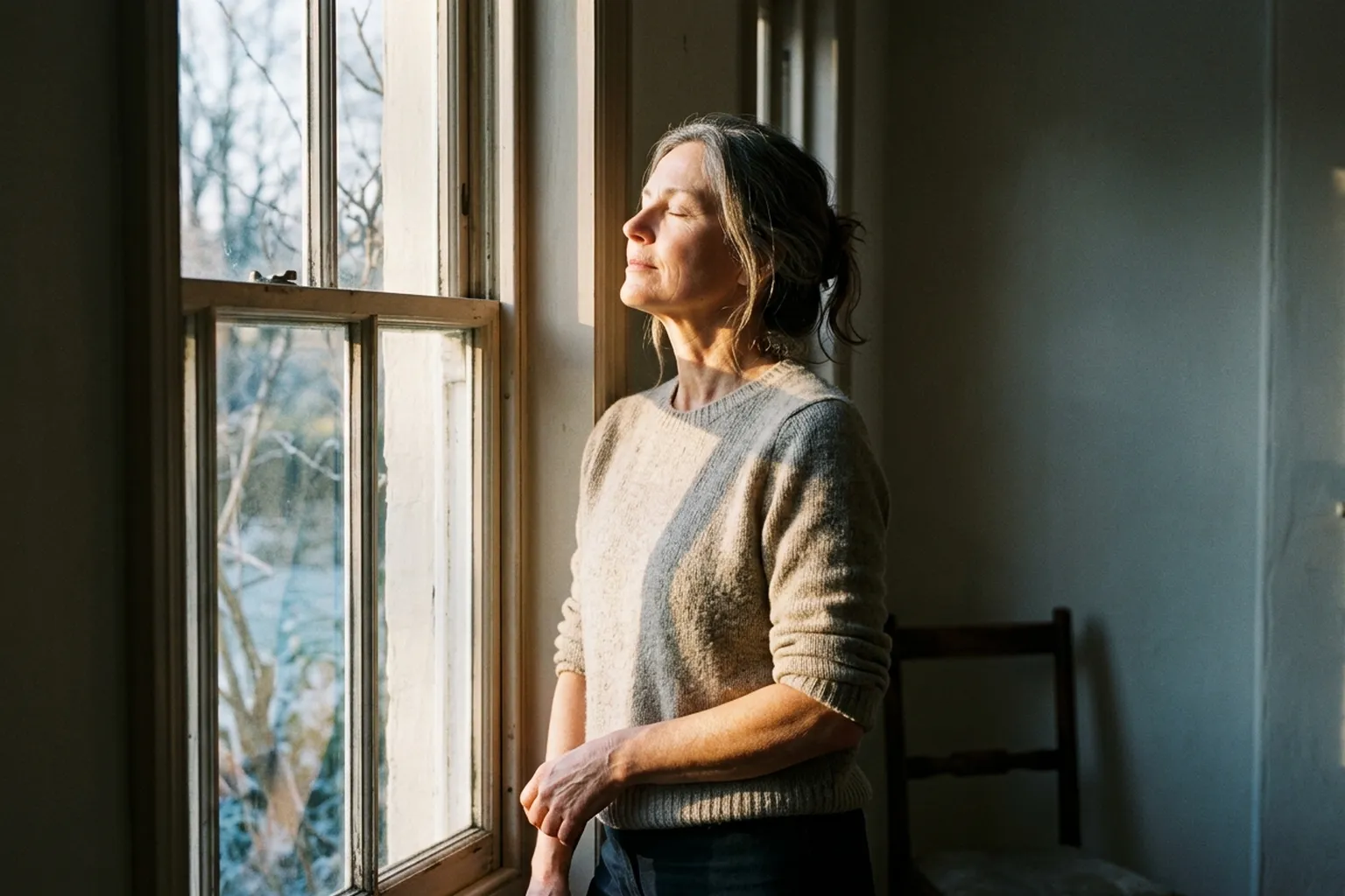 A woman in her late fifties stands at a window with her eyes closed and her face turned up into low winter sunlight, which falls across her cheek and bare forearms